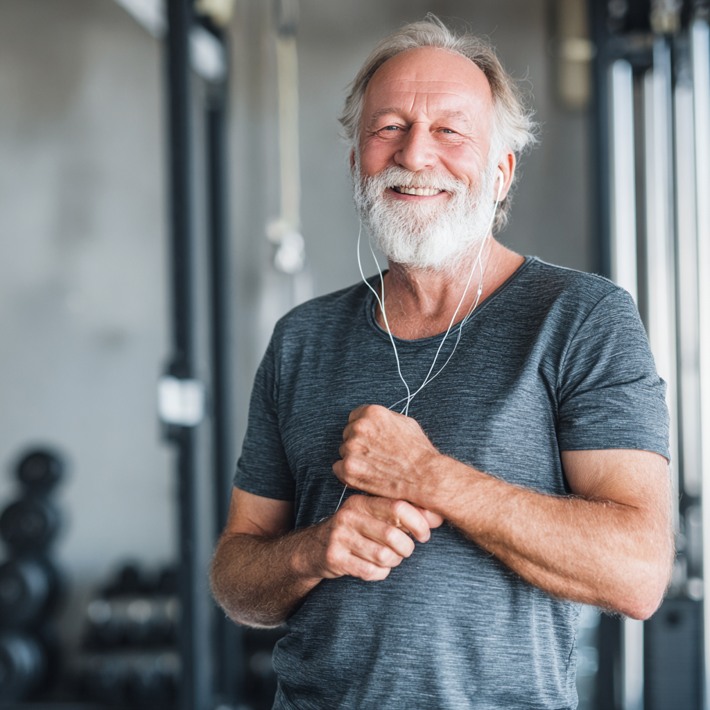 Confident elderly European woman in fitness attire holding dumbbells in a bright gym setting