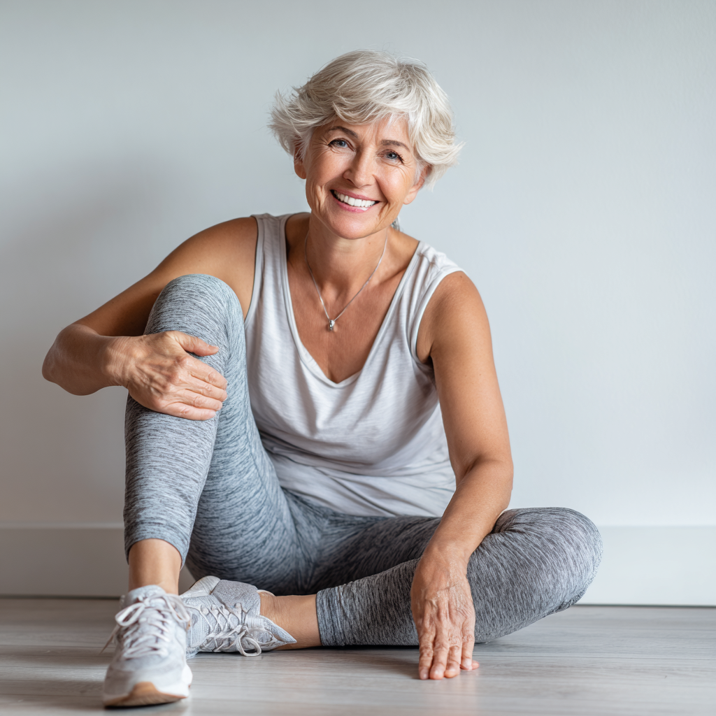 Smiling elderly European man demonstrating proper posture exercises in a modern fitness studio