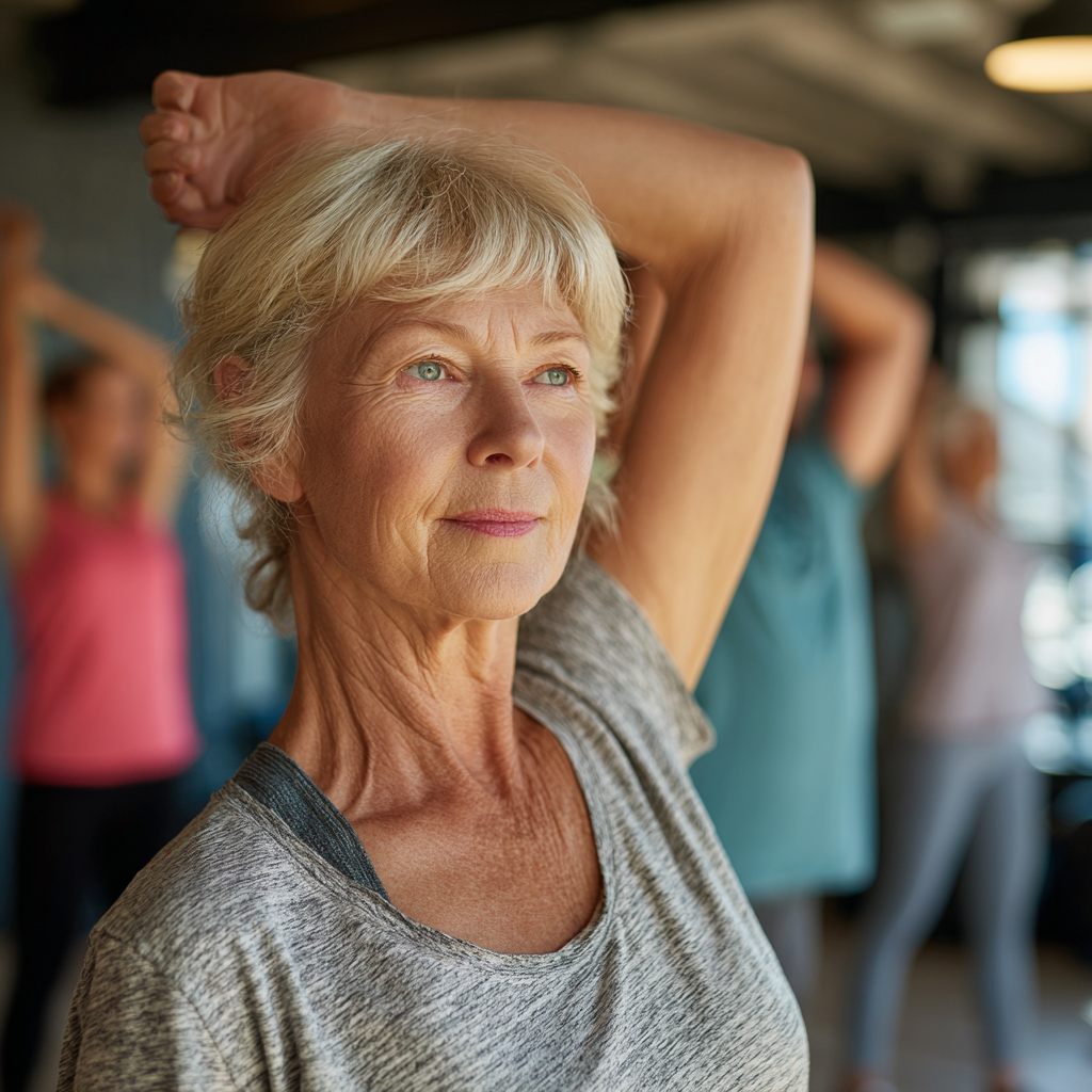 Confident elderly European couple exercising together with light weights in a bright, modern fitness environment